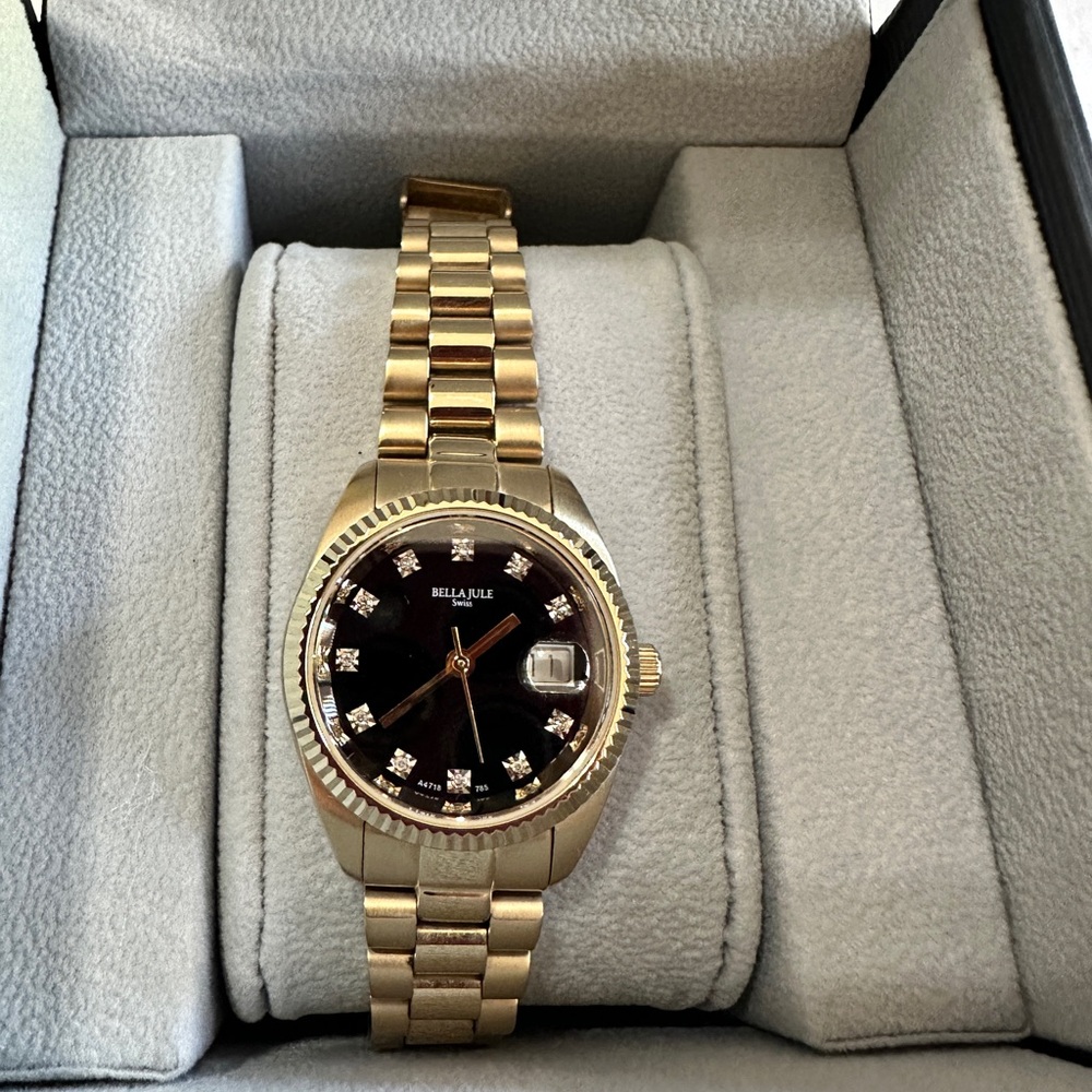 Bella Jule Gold Watch with Black Dial and diamond markers  28mm gold tone